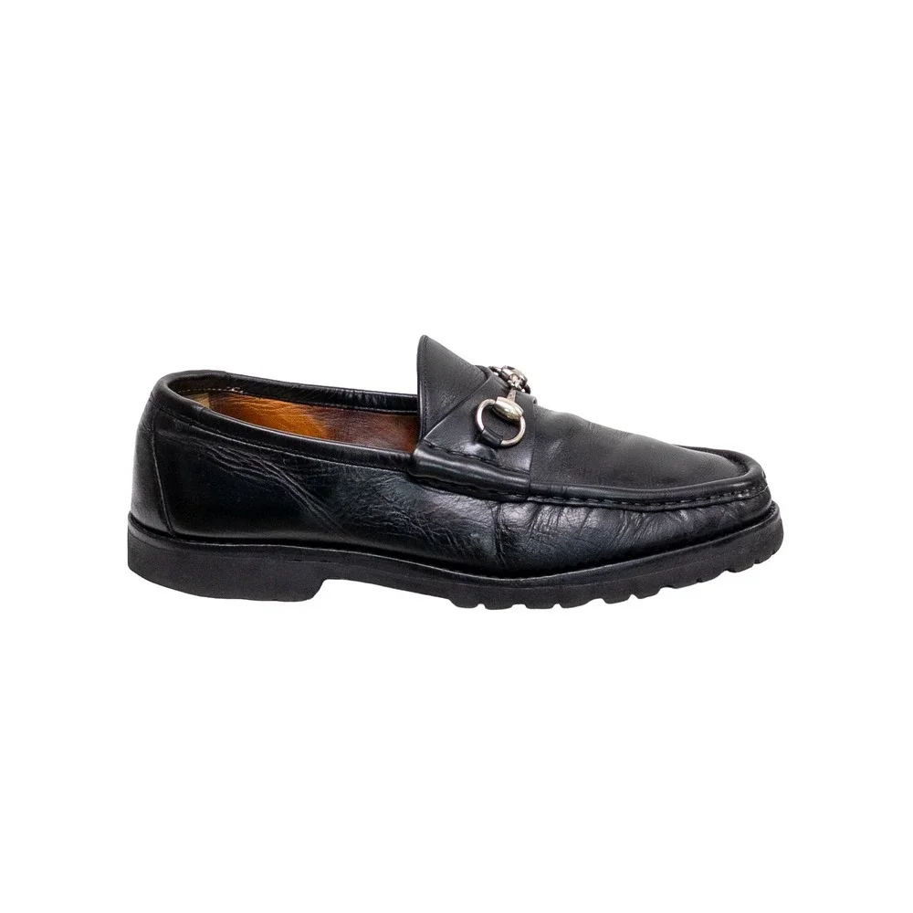 Vntg Gucci Black Leather Horsebit Loafers Vibram Gumlite Lug Sole Mens 10